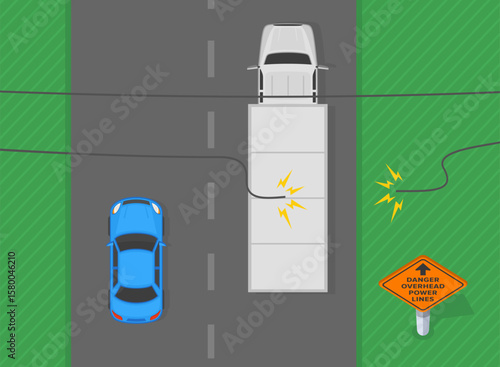 Traffic regulation rules and tips. Overhead power lines warning sign area. Downed the power line on road. Top view of a traffic flow. Flat vector illustration template.