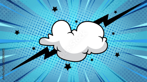 Comic book style image with speech bubble, lightning bolts, and stars. Perfect for adding a fun touch to graphic design projects.