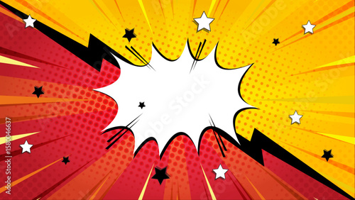 Vibrant comic book explosion graphic with a blank speech bubble for adding custom text. Suitable for comics, graphic design, advertising.