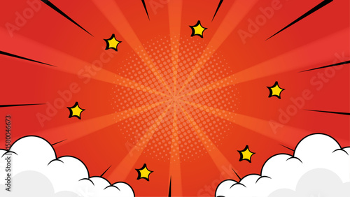 Red comic book background with stars and clouds for dynamic designs. Suitable for superhero themed graphics, party invitations or children's book illustrations.