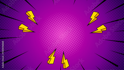 Purple pop art background with yellow lightning bolts is perfect for energetic designs or retro themed projects that need a vibrant touch.
