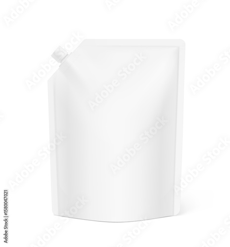 Realistic stand pouch bag with corner spout mockup. Vector illustration isolated on white background. Front view. Can be use for template your design, presentation, promo, ad. EPS10.