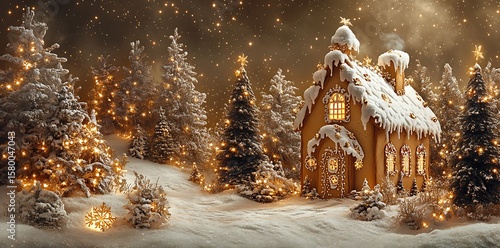 Enchanted snowy forest with gingerbread house and glowing lights christmas trees
