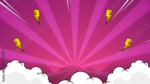 Pink comic book background with yellow lightning bolts and clouds. Perfect for comic book covers, posters, or superhero themed designs. Great for children's products.
