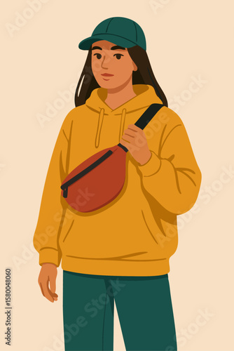 Illustration of a stylish woman wearing casual clothes and a crossbody bag.