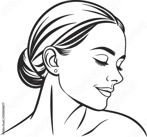 Vector art of a womans face in profile with her hair in a bun, smiling gently with closed eyes