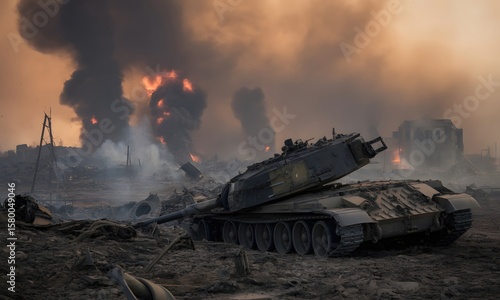 Destroyed Tank Amid War Zone with Smoke and Fire in a Post-apocalyptic Landscape