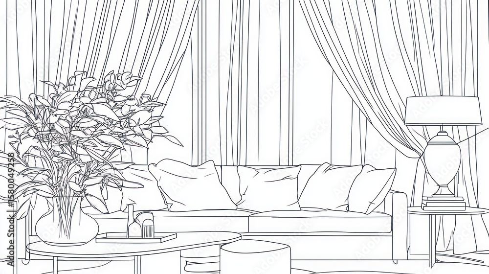 Fototapeta premium Interior sketch of a living room with sofa, plants, and curtains.