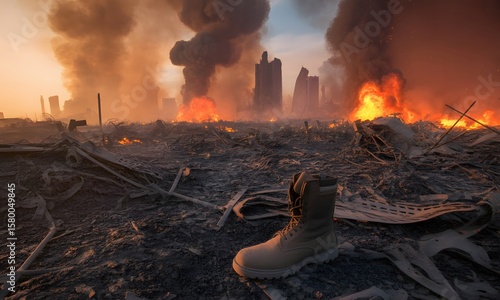 Desolate Urban Ruins with Burning Fires and Smoke During Sunset