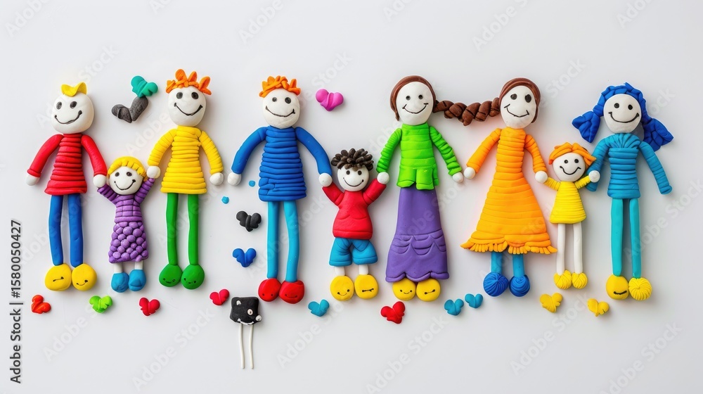 Naklejka premium Happy family made of modeling clay, joyful DIY figures of parents and children on white