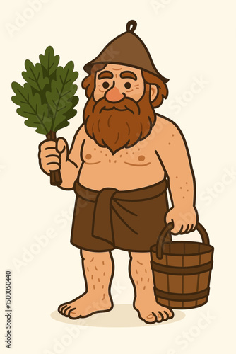Bearded man holding oak leaves with a wooden bucket in traditional attire, Concept of Slavic fairy tales, Slavic mythology  