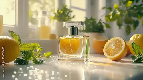 Perfume bottle and citrus fruits on a countertop