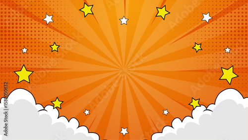 Orange comic book background with stars and clouds is perfect for kids party invitations, scrapbooking, or comic book themed designs.