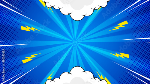 Vibrant comic book background with lightning bolts and speech bubbles. Perfect for graphic designs, posters, comics, and social media posts.