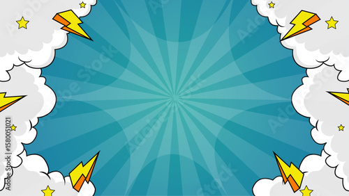 Comic book themed background with dynamic clouds, lightning bolts, and stars. Perfect for superhero, action, or sci-fi designs. Energizing and vibrant.