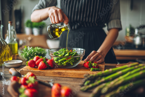 Person pouring olive oil on salad with asparagus and strawberries in a kitchen setting at daytime