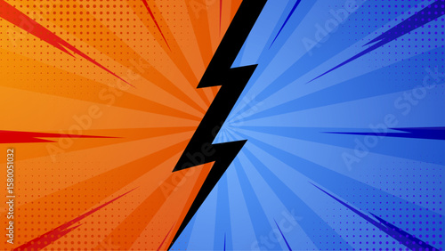 Comic book inspired illustration showcasing a vibrant clash of blue and orange hues, ideal for graphic design projects or superhero themed content.