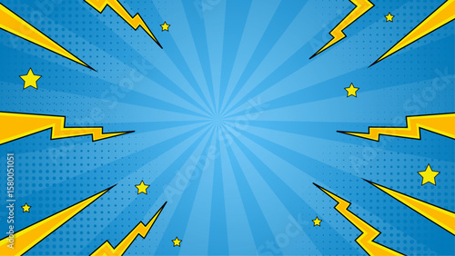 Blue background with yellow lightning bolts and stars in comic book style; suitable for superhero themes, graphic design projects, and children's books.