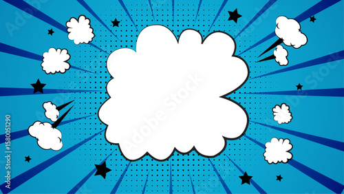 Blue comic book background with a large blank speech bubble suitable for adding customized text in a fun and creative way. Ideal for comic book designs.