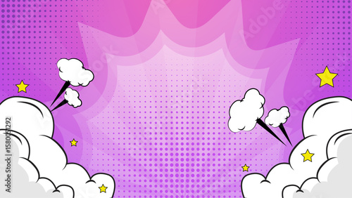Purple comic book background with explosions and stars, perfect for graphic novel covers, posters, and superhero themed designs. Vibrant and energetic.