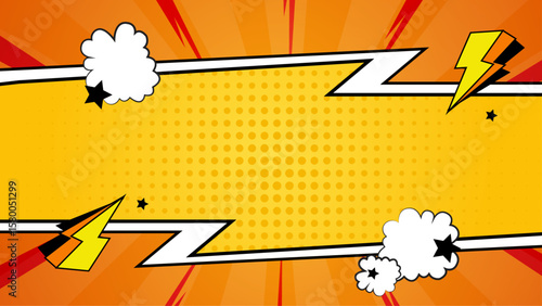 Yellow comic book background with lightning bolts and speech bubbles. Ideal for superhero themed designs, kids parties, and action-packed illustrations.