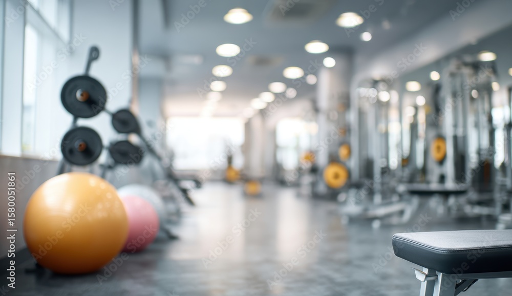 Fototapeta premium Blurred gym interior, weights, machines