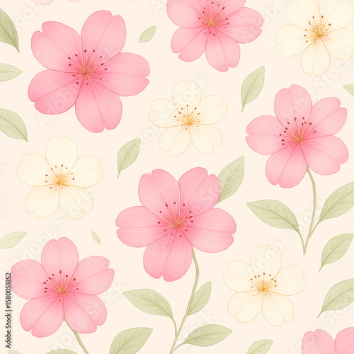 Seamless floral pattern with soft pink and cream cherry blossoms, delicate green leaves, hand-painted watercolor style, light pastel background, Japanese sakura illustration, elegant minimal design fo