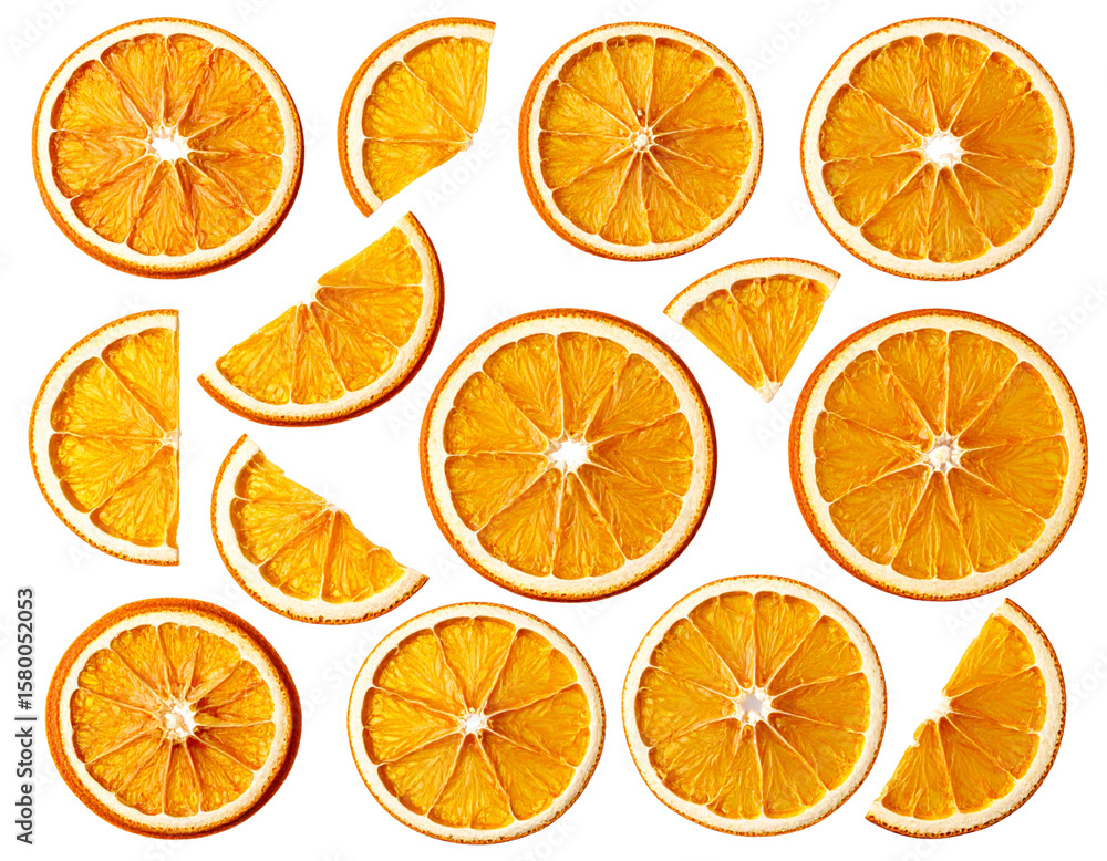 Obraz premium Randomly Scattered Dried Orange Pieces and Broken Segments, Organic Messy Layout, isolated