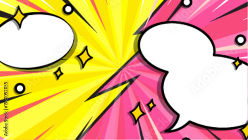 Vibrant yellow and pink comic book background with two speech bubbles. Suitable for comic book designs, social media graphics, and presentations.