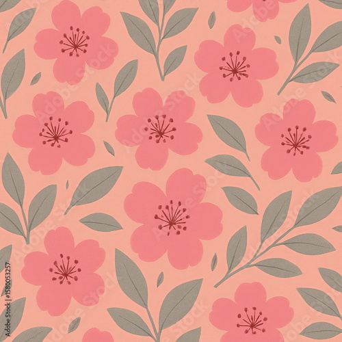 Soft floral wallpaper seamless pattern featuring coral pink cherry blossoms, olive green leaves, blush pastel background, botanical design for interior decor, textile prints, spring theme, delicate fl