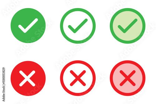 Validation and Refusal Icons Vector Set – Green Check Mark and Red X Circle Buttons Illustration