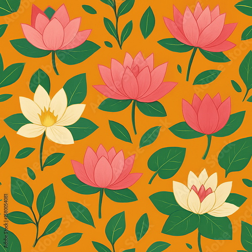 Seamless Lotus Flower Pattern with Bright Pink Blossoms, Green Leaves, Yellow Background, Flat Vector Style, Clean Lines, Stylized Floral Art for Fabric and Wallpaper Design