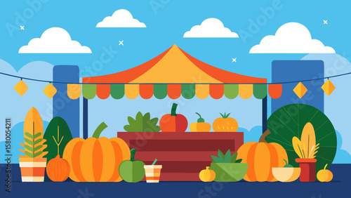 Autumn farmers market stall with pumpkins, vegetables, and festive decorations