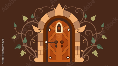 Fantasy wooden door with arched stone frame and decorative vines on dark background