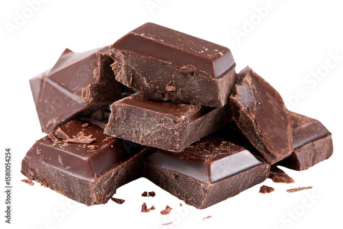 Pile of Dark Chocolate Chunks and Shavings on Transparent Background