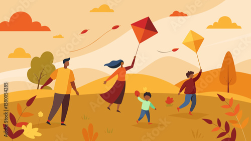 Autumn mood. Family enjoying a windy autumn day flying kites together in a colorful open landscape