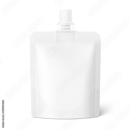Spout pouch packaging bag mockup. Vector illustration isolated on white background. Front view. Can be use for template your design, presentation, promo, ad. EPS10.