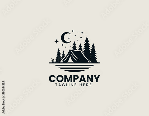 Peaceful Camping Night Scene Tent Forest Moon Outdoor Adventure Vector Logo Design