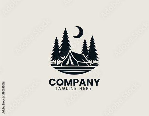Peaceful Camping Night Scene Tent Forest Moon Outdoor Adventure Vector Logo Design