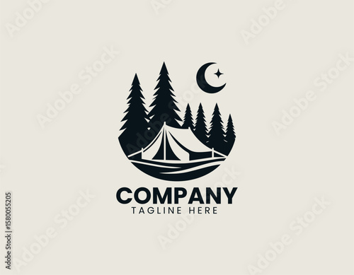Peaceful Camping Night Scene Tent Forest Moon Outdoor Adventure Vector Logo Design