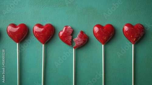 Row of red heart-shaped lollipops, one broken in two