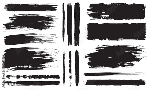 Straight line vector brush line. Black hand drawn stripes, smears. Chinese or Japanese calligraphy brushstrokes set. Rough grunge thick paint line texture. Sketch text boxes collection.Stock-Vector
