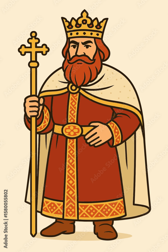 Obraz premium The Slavic king with a scepter in a richly decorated robe, personifies Slavic fairy tales and Slavic mythology.