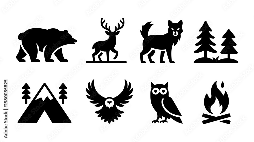 Fototapeta premium Vector art of a set of black camping and wildlife icons isolated on white background