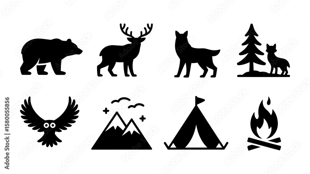 Fototapeta premium Vector art of a collection of camping and wildlife icons isolated on white background
