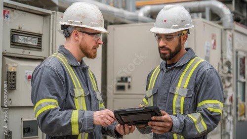Two Engineers Collaborating on Project with Digital Device in Industrial Setting with Machinery in Background