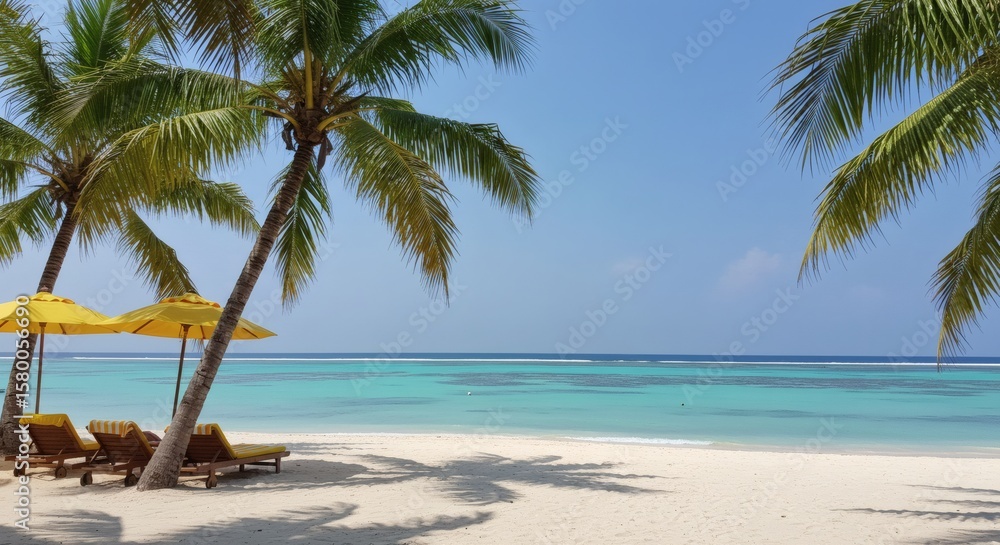 Obraz premium Sun-Kissed Tropical Beach with Azure Waters and Palm Trees