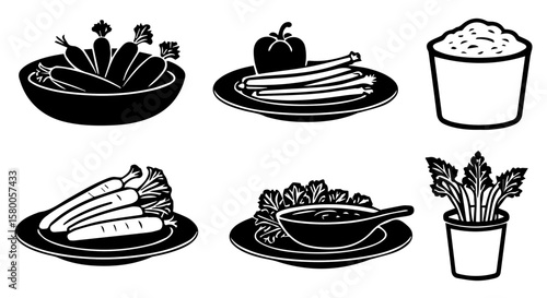 Fresh vegetables and salads artfully presented in a vector illustration featuring diverse healthy food items, silhouette