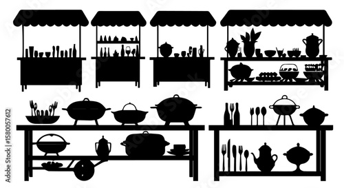 Buffet service with food dishes presented on tables illustrated as a silhouette in a dining setting.