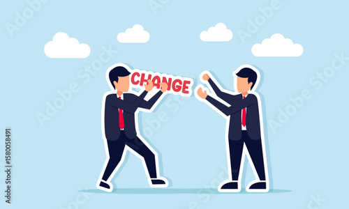 Businessman handing over a text labeled change to another businessman illustration of giving advice to initiate business innovation or transformation